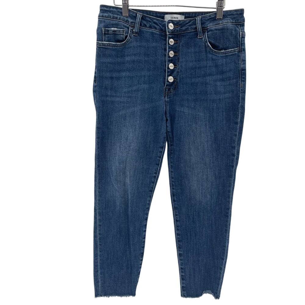CEROS High Rise Medium Wash Slim Fit Distressed Raw Hem Button Fly Jeans Size 31
